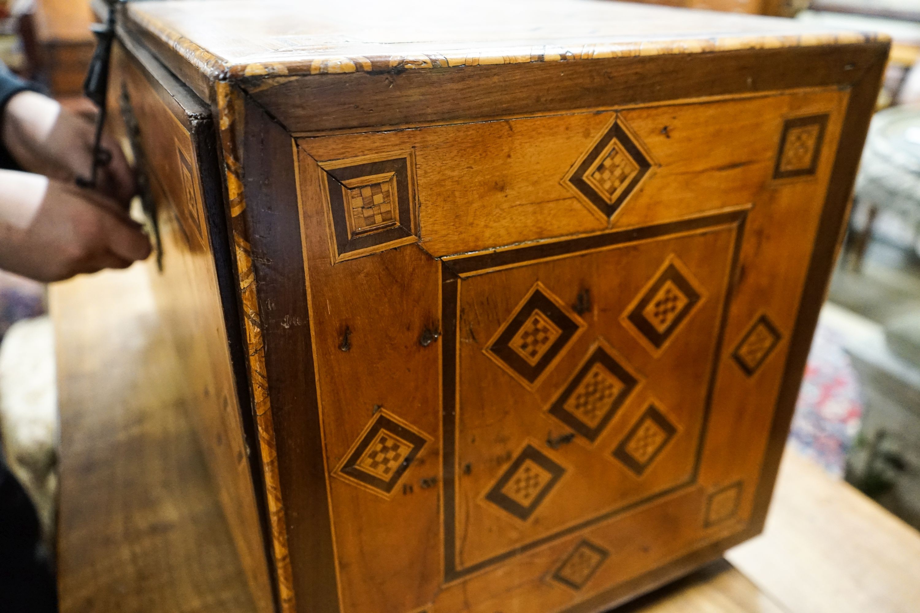 A 19th century Damascan parquetry inlaid fall front chest with two drawer interior, width 75cm, depth 40cm, height 43cm